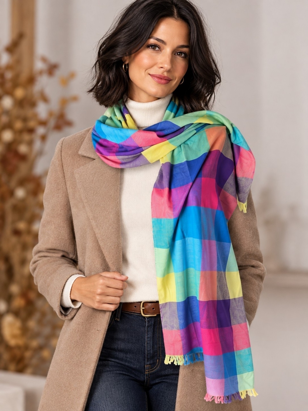 Cashmink Colorful Plaid Scarf Made in Germany Fringed 72"